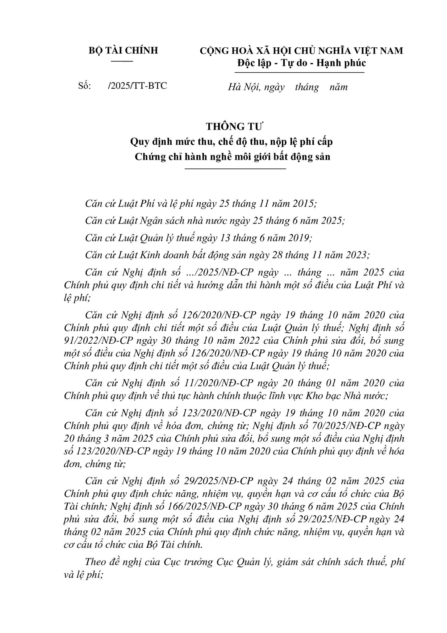 Thông tư quy định mức thu, chế độ thu, nộp lệ phí cấp Chứng chỉ hành nghề môi giới bất động sản
